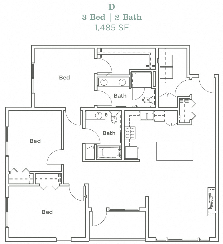 Floor plan for 3 beds, 2 baths, 1485 sqft
